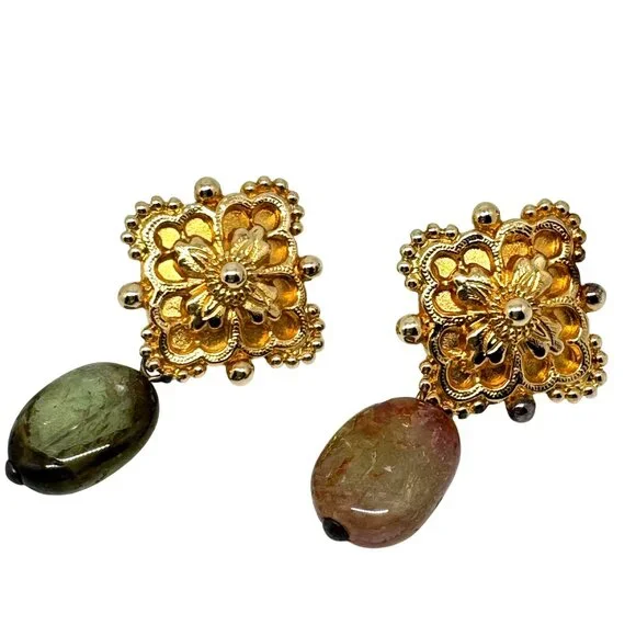 Stephen Dweck Vermeil Sterling Silver Vtg Clip-On Earrings Gemstone Floral - Picture 2 of 16